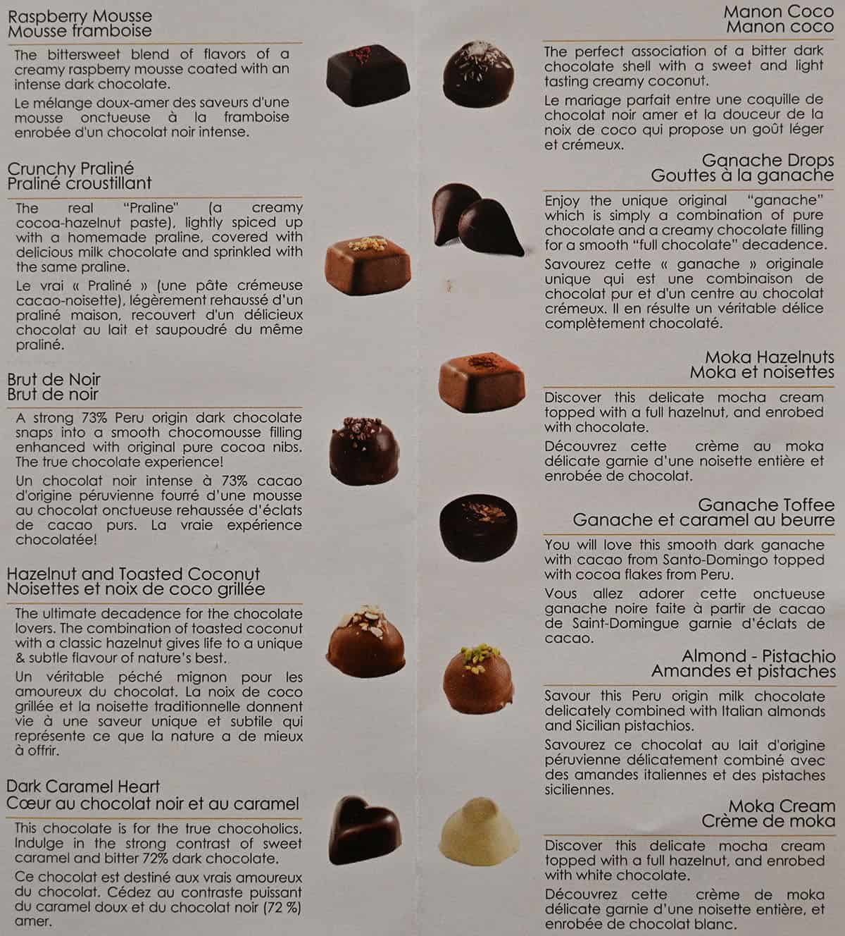 Image of the brochure that comes in the chocolate box with a description of all the chocolates. 