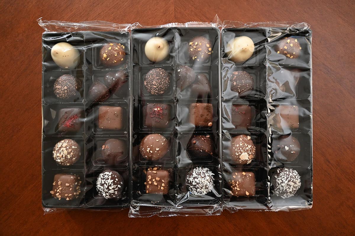 Image of the three trays containing 11 chocolates that come in the one box.