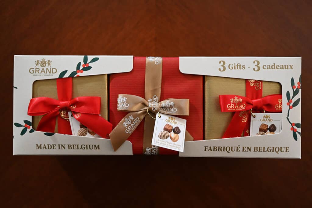 Costco Grand Belgian Specialties Chocolates box sitting on a table. 