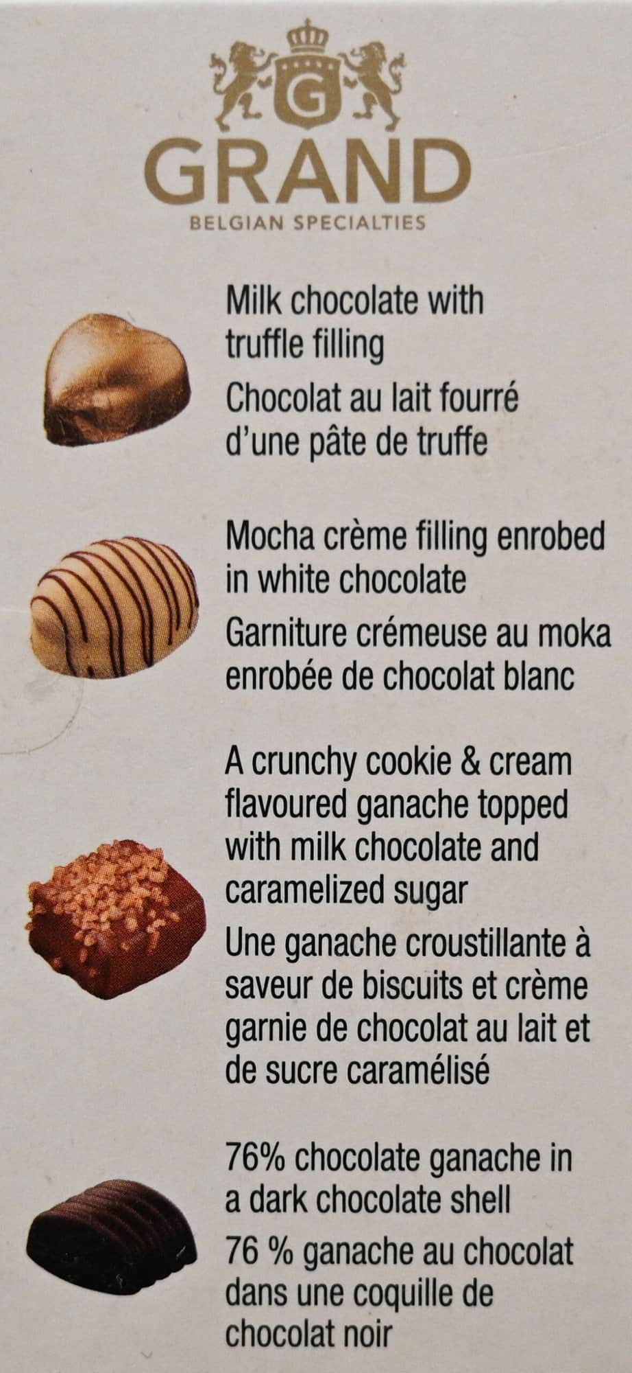 Image of the product description on the box of the four different kinds of chocolates.