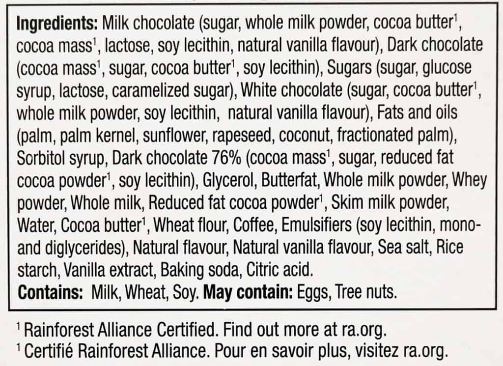 Image of the chocolate ingredients list from the package.