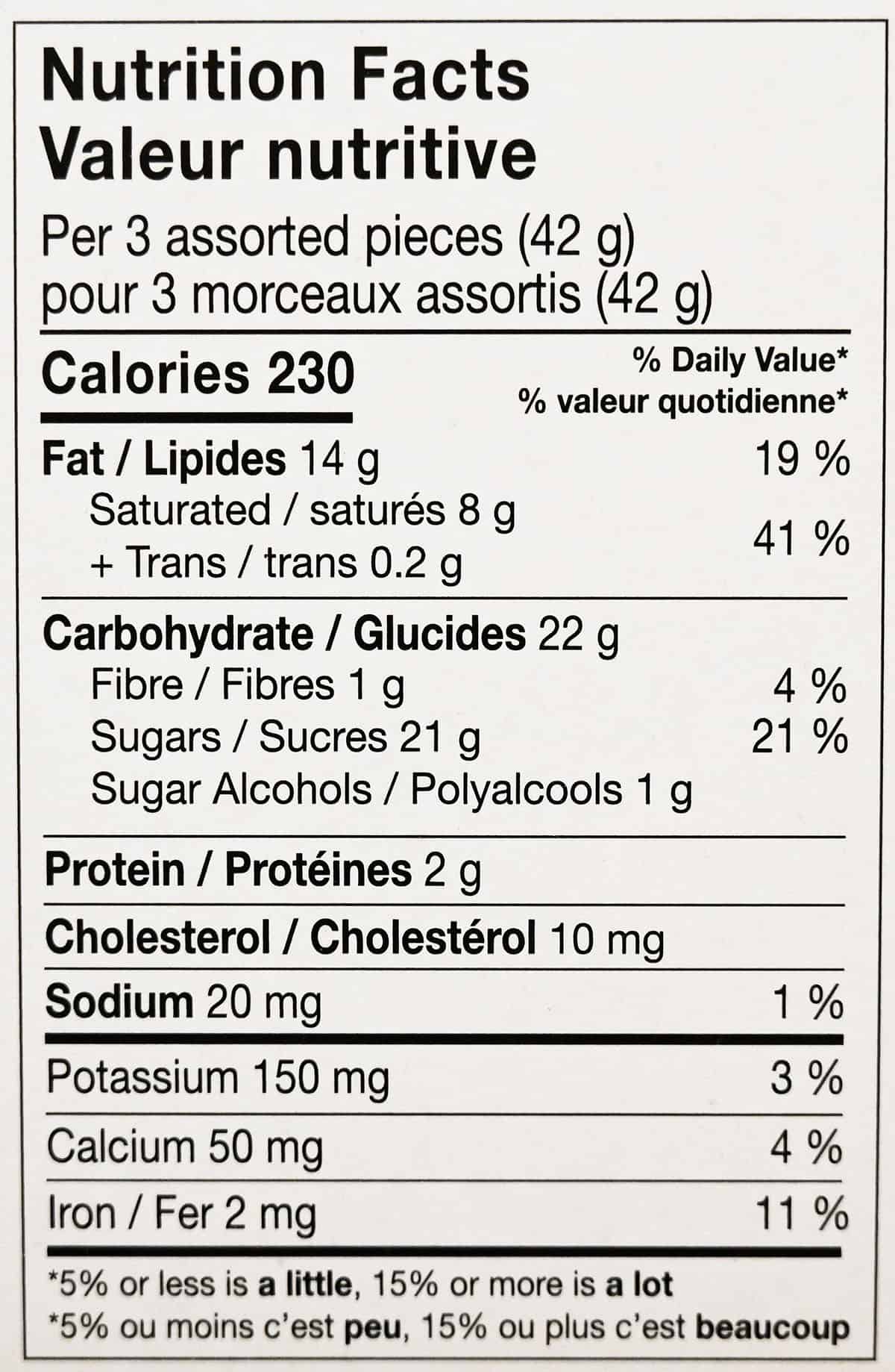 Image of the chocolates nutrition facts from the package.