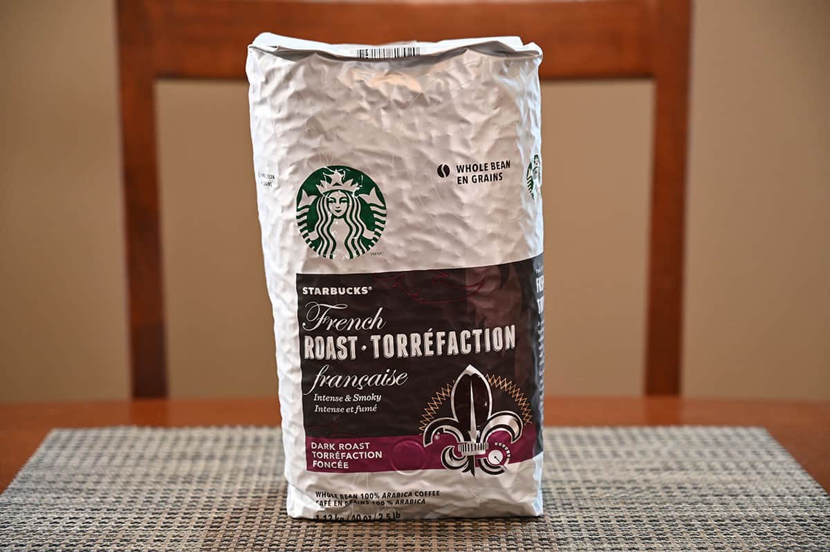 Image of the Starbucks French Roast Coffee Beans sitting on a table. 