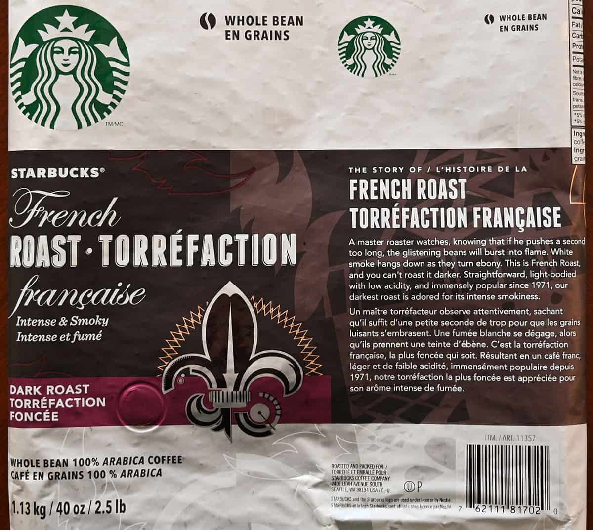 Image of the Starbucks French Roast Coffee Beans product description from the bag.