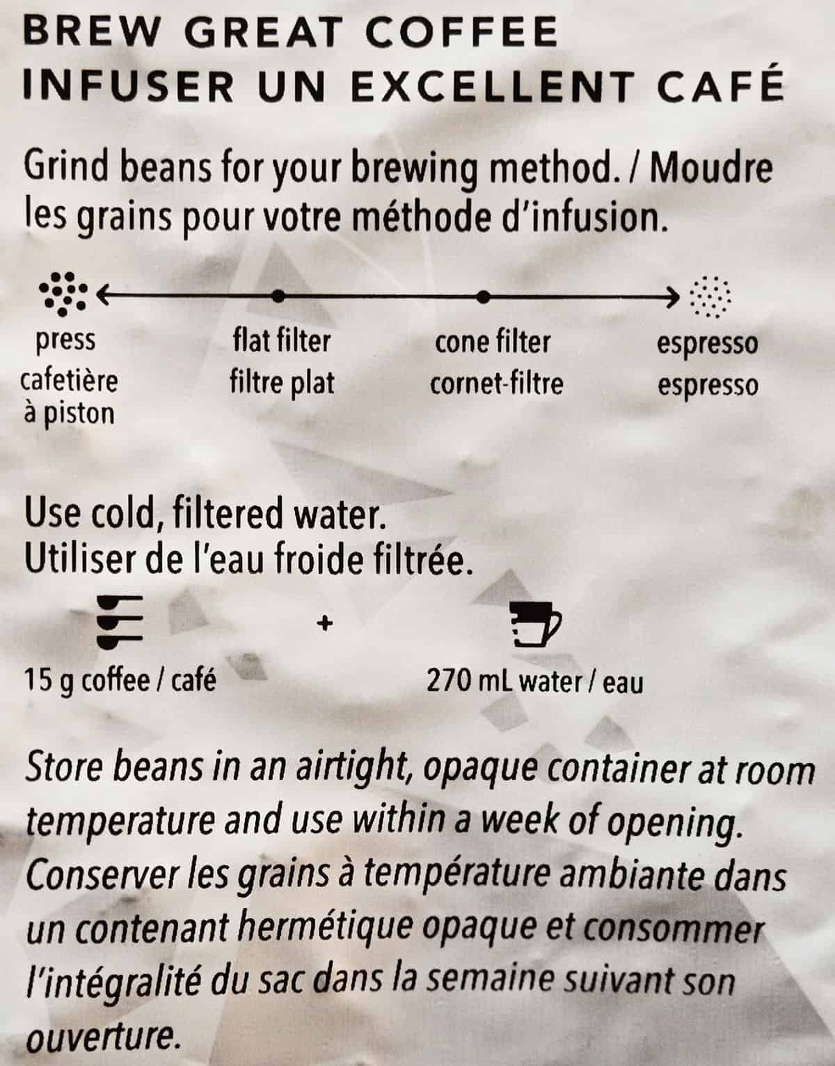 Image of the Starbucks French Roast Coffee Beans brewing instructions from the bag.
