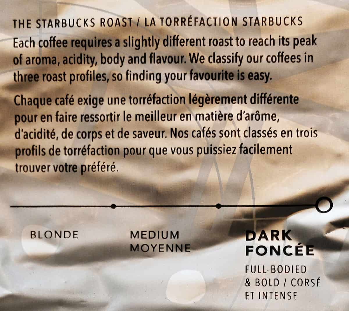Image of the roast description explanation from the bag - Starbucks has three different roasts, blonde, medium and dark.