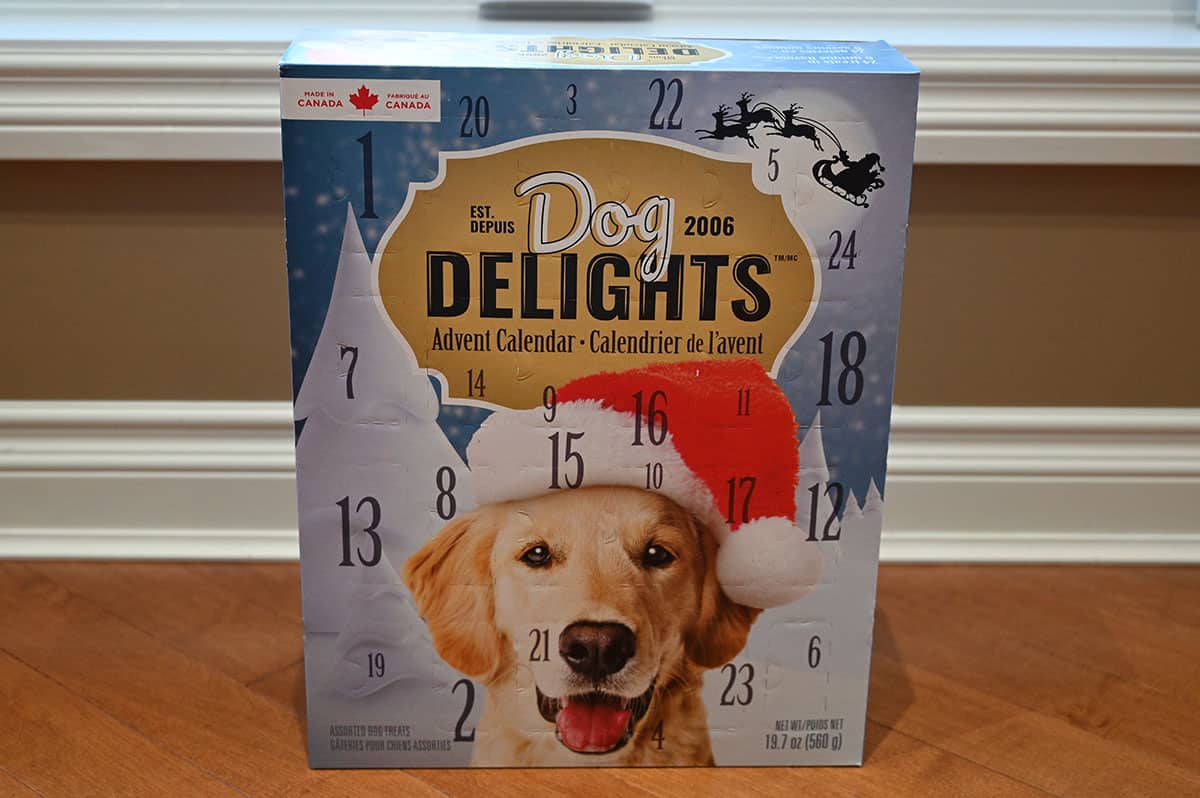 Costco Dog Delights Advent Calendar box sitting on a floor, side view image.