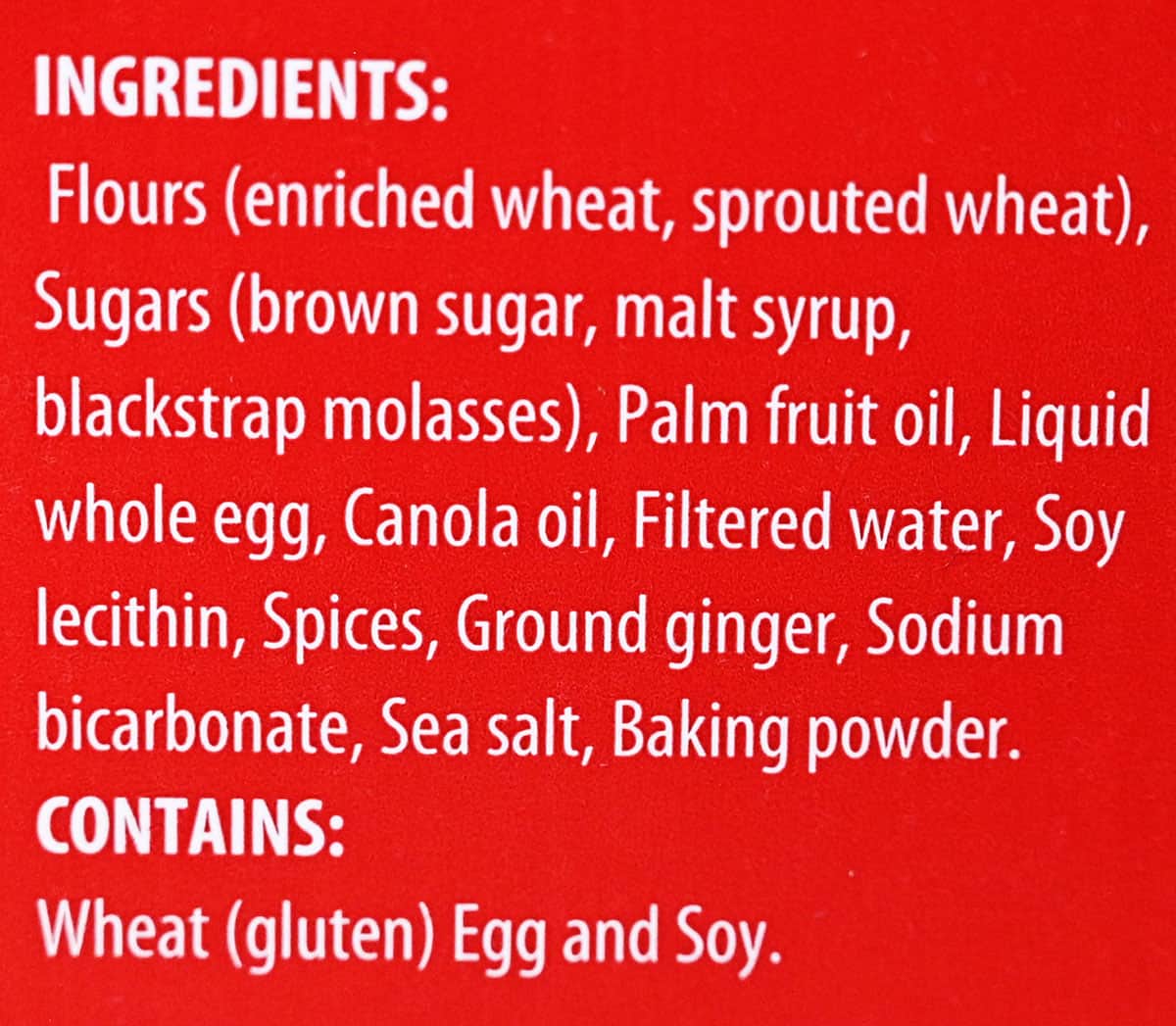 Ingredients label for the gingerbread cookies.