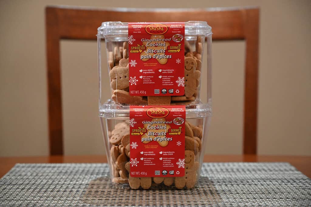 Costco Shasha Gingerbread Cookies container sitting on a table.