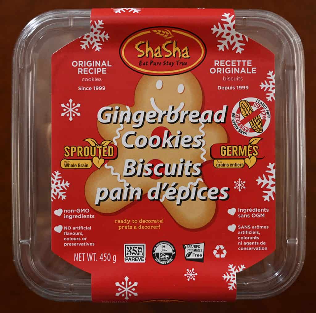 Top down image of the top of label of the Costco Shasha Gingerbread Cookies. 