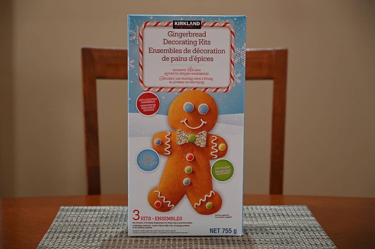 Costco Kirkland Signature Gingerbread Decorating Kit box sitting on a table.