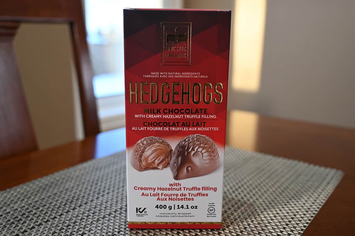 Image of the House of Brussels Chocolates Hedgehogs box sitting on a table.