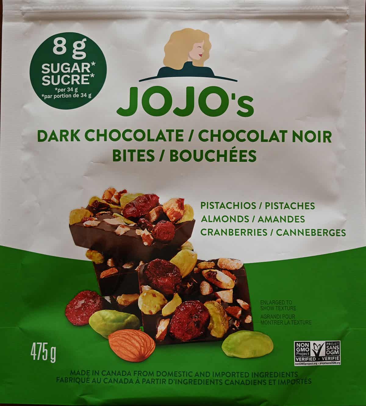 Closeup image of the front of the Jojo's Dark Chocolate Bites bag.