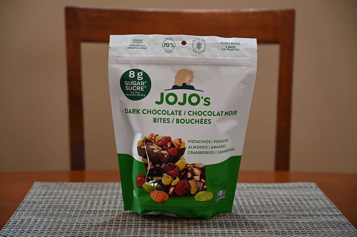 Costco Jojo's Dark Chocolate Bites bag sitting on a table.