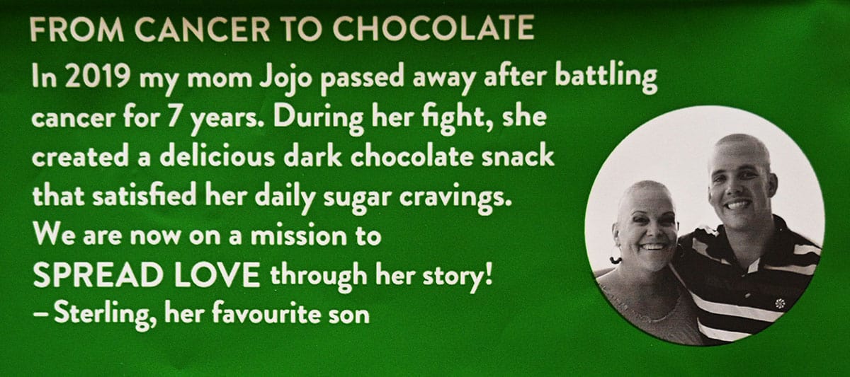 Costco Jojo's Dark Chocolate Bites product and company description information from the back of the bag.