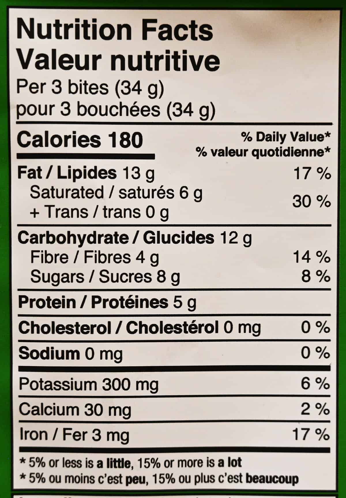 Nutrition facts from the back of the bag.
