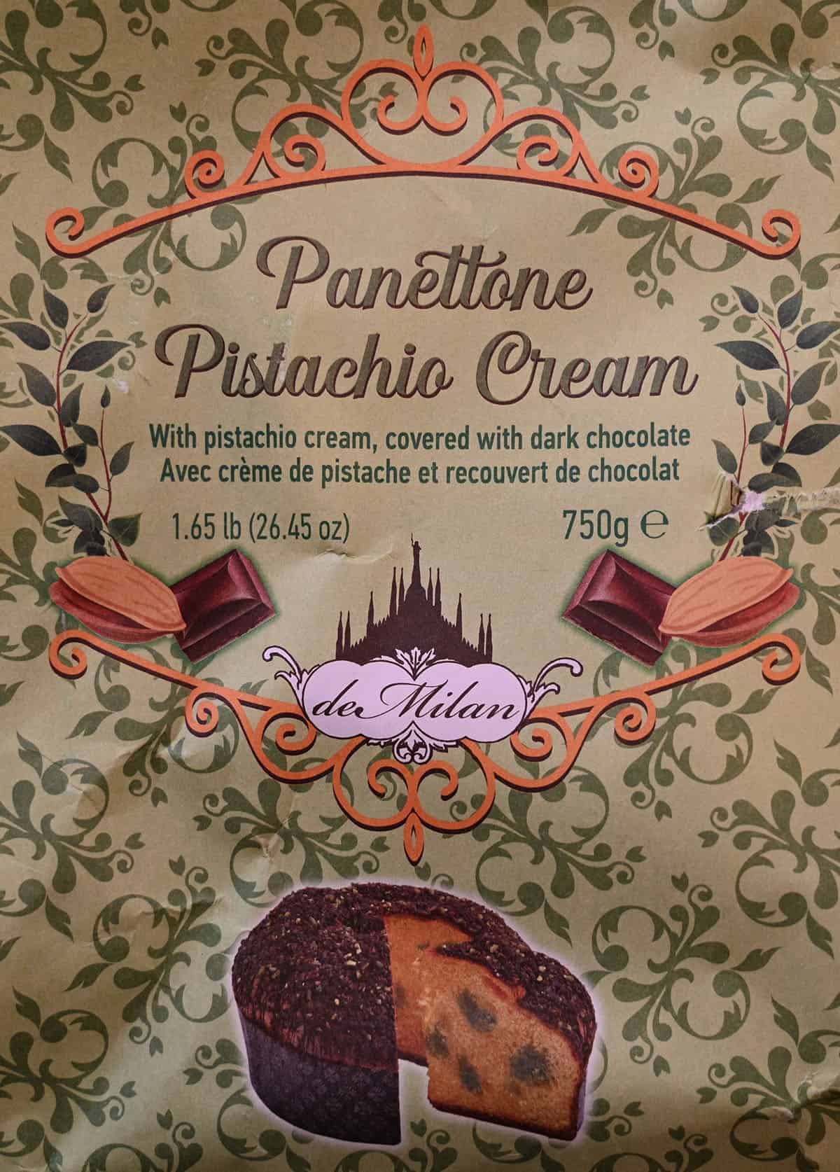 Close up image of the front label of the Costco de Milan Panettone.