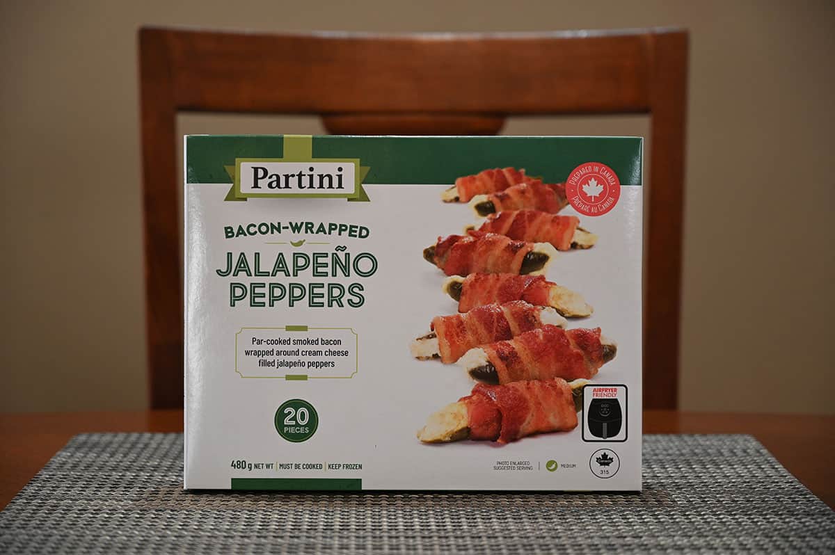 Image of the Costco Partini Bacon Wrapped Jalapenos box sitting on a table.