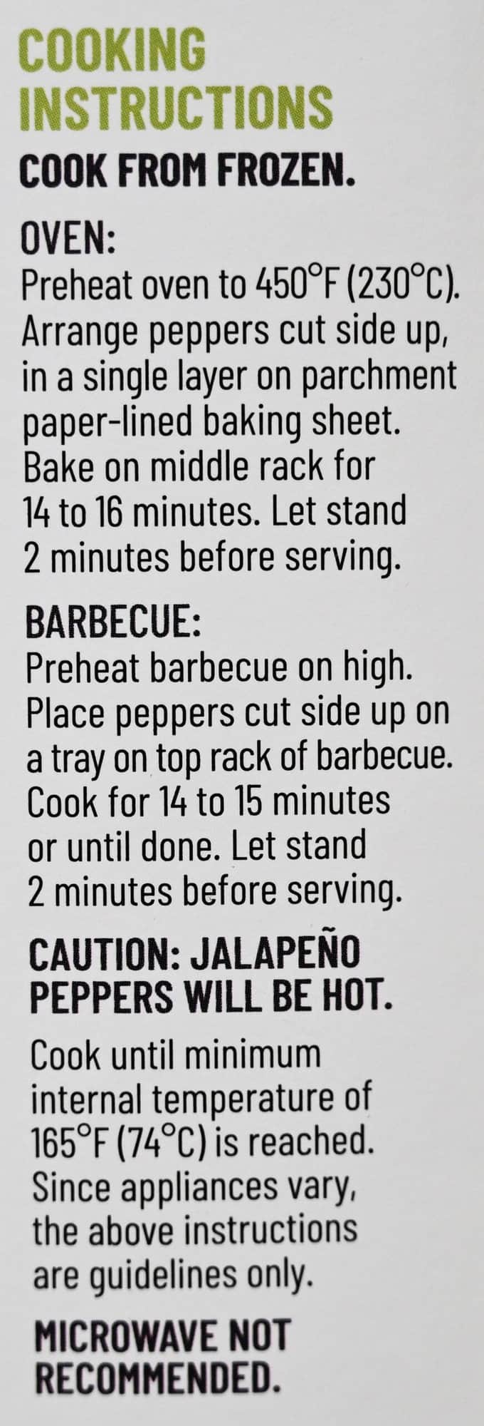 Image of the bacon wrapped jalapenos cooking instructions from the box.