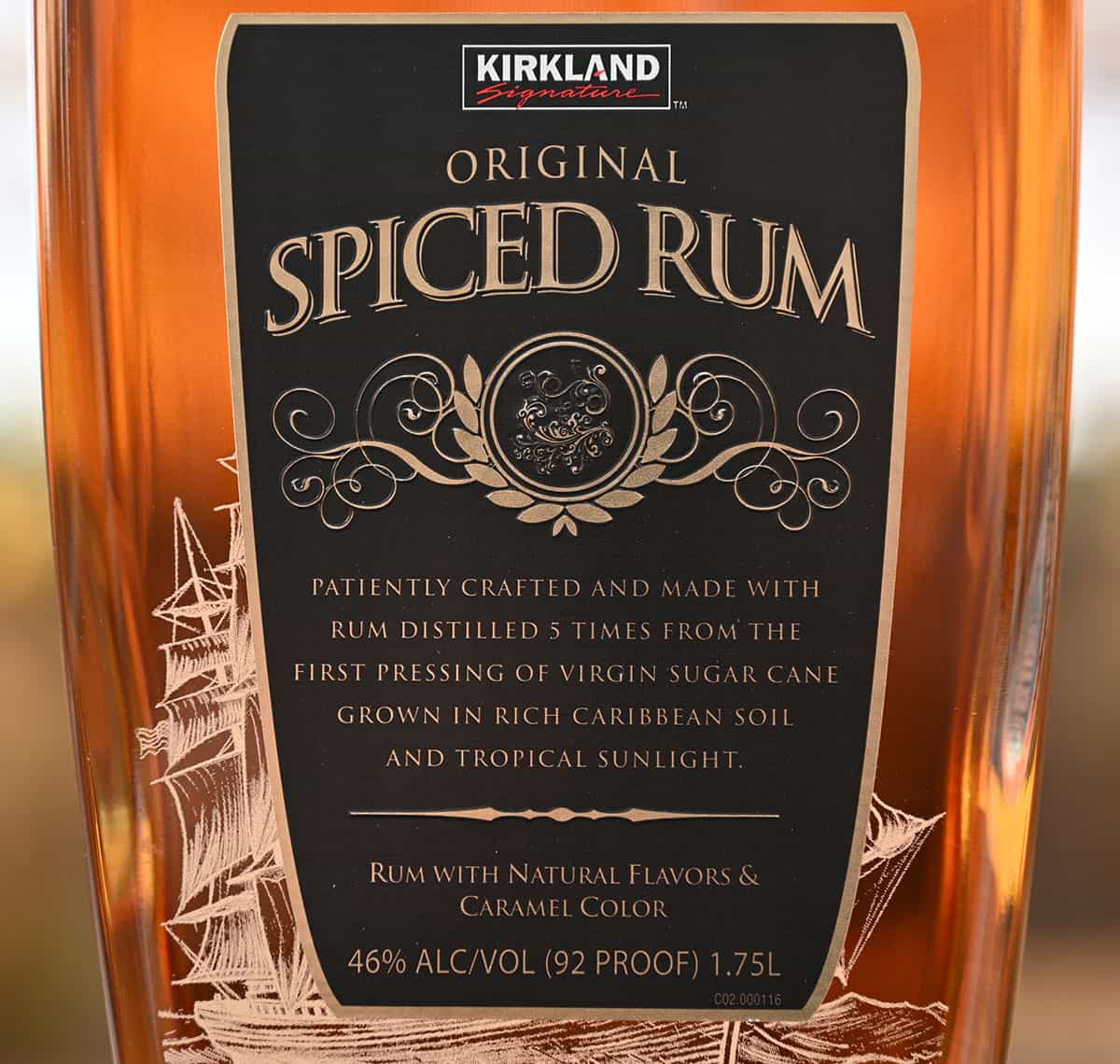 Closeup image of the Costco Kirkland Signature Original Spiced Rum label on the bottle.