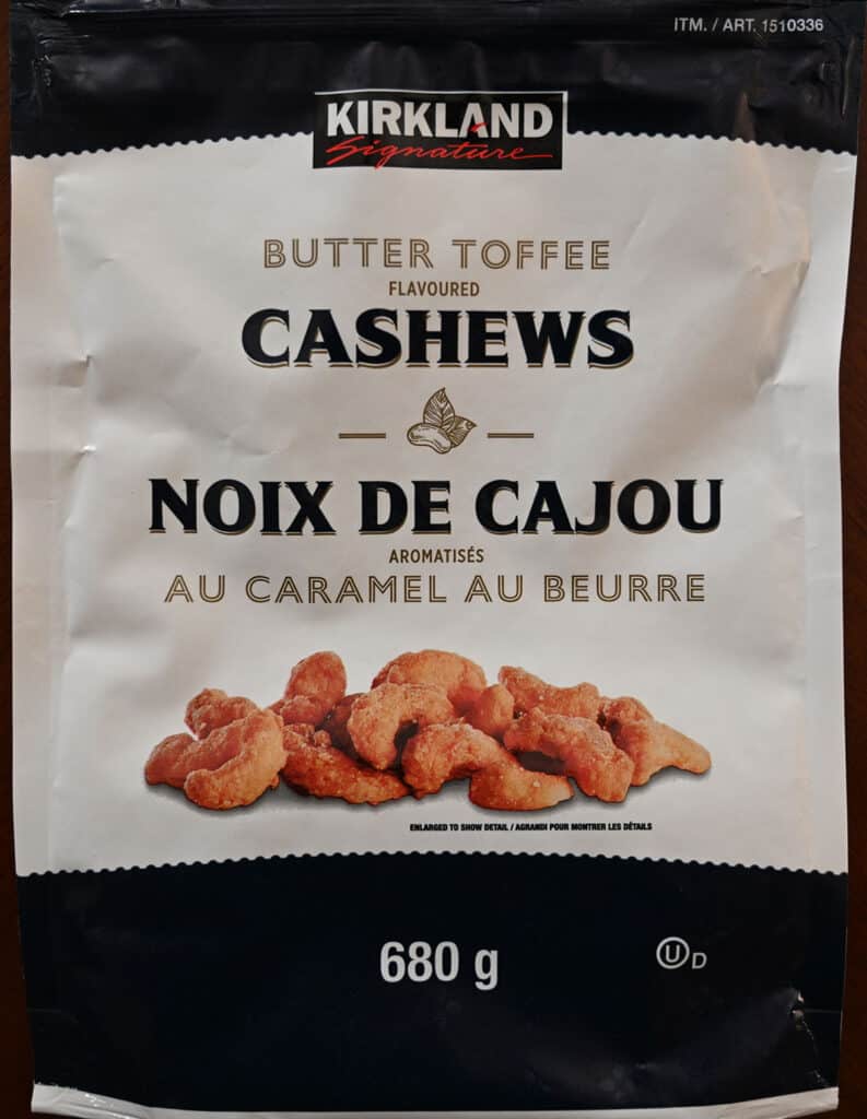 Closeup image of the front label on the bag of butter toffee cashews.