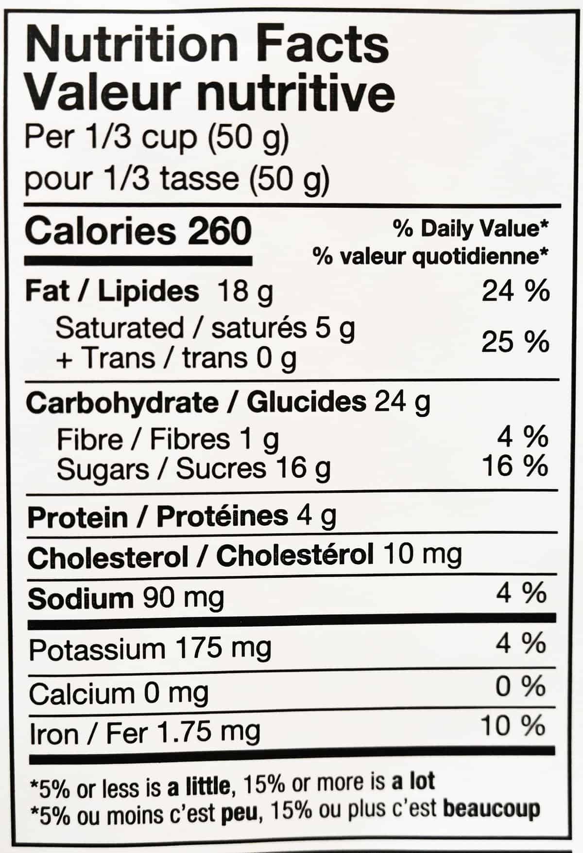 Image of the Costco butter toffee cashews nutrition facts from the back of the bag.