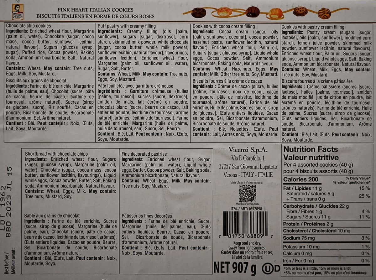 Image of the cookies ingredients and nutrition facts from the back of the box.