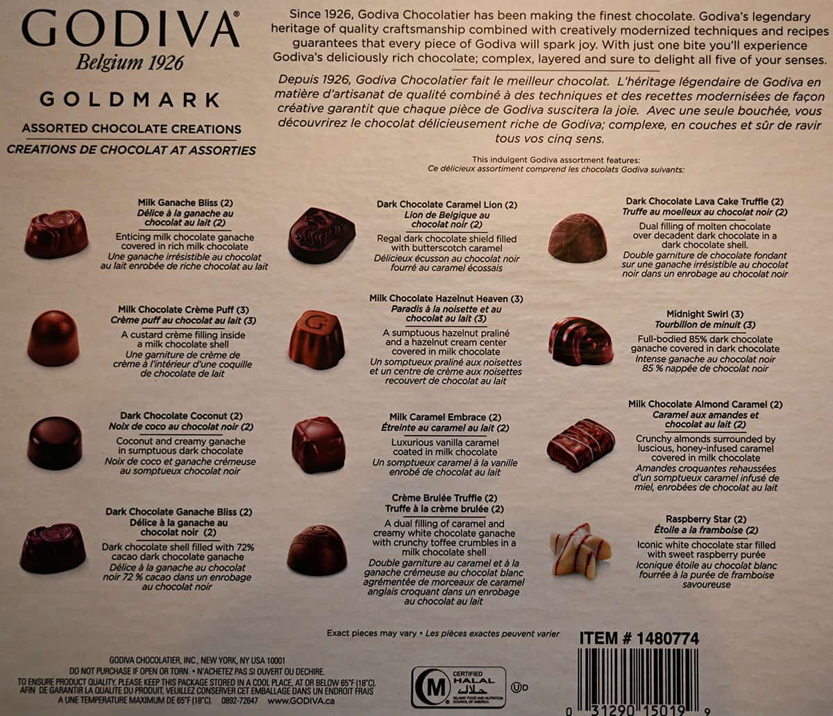 Image of the back of the box of chocolates showing the guide that explains all the different kinds of chocolates in the box.