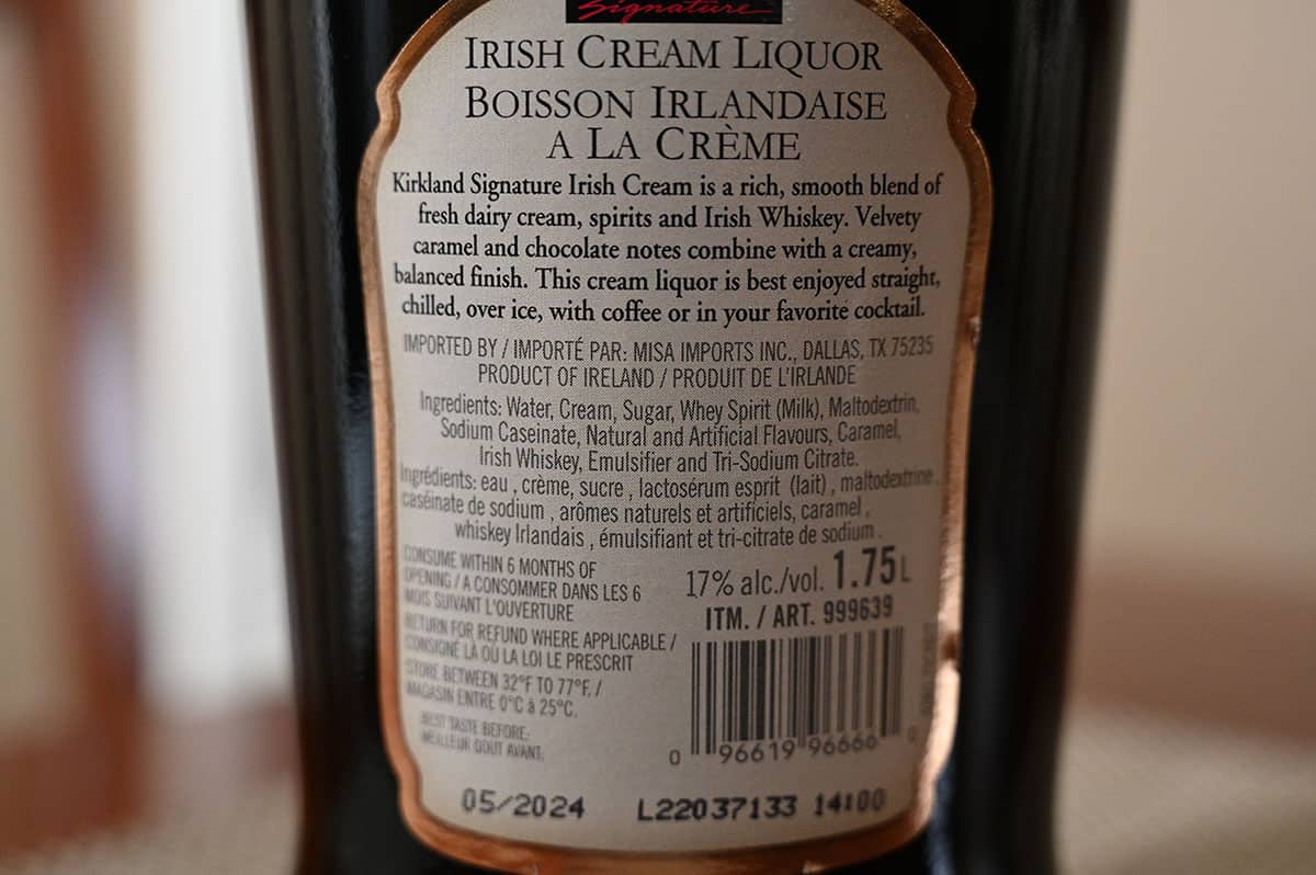 Closeup image of the back label on the bottle of Irish cream.