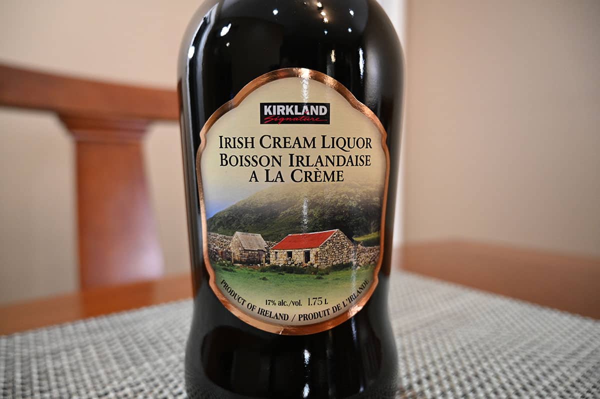 Closeup image of the label on the front of the bottle of the Costco Irish cream.