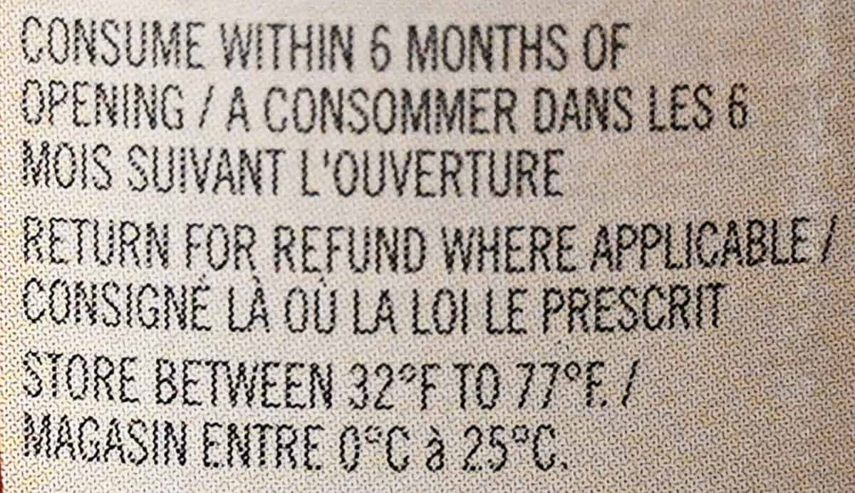 Image of the back label of the Irish cream from Costco with storage instructions and stating to consume within 6 months of opening.