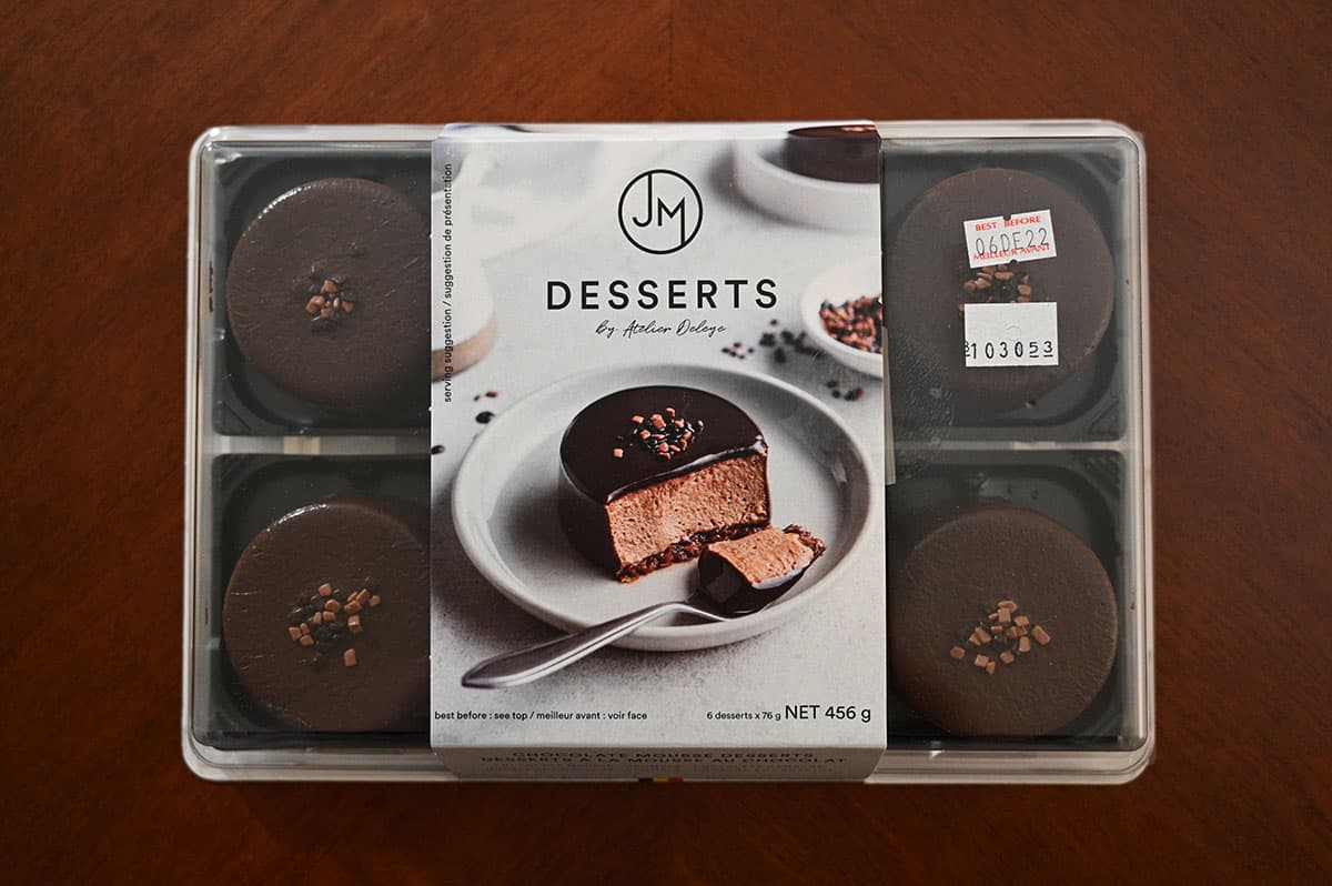 Top down image of Costco JM Desserts Chocolate Mousse package sitting on a table.