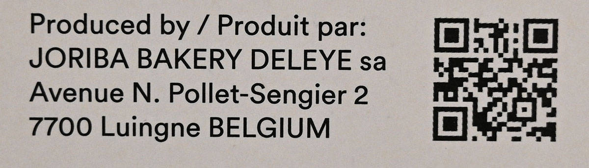 Image of the mousse package stating it is made in Belgium by Joriba Bakery Deleye.