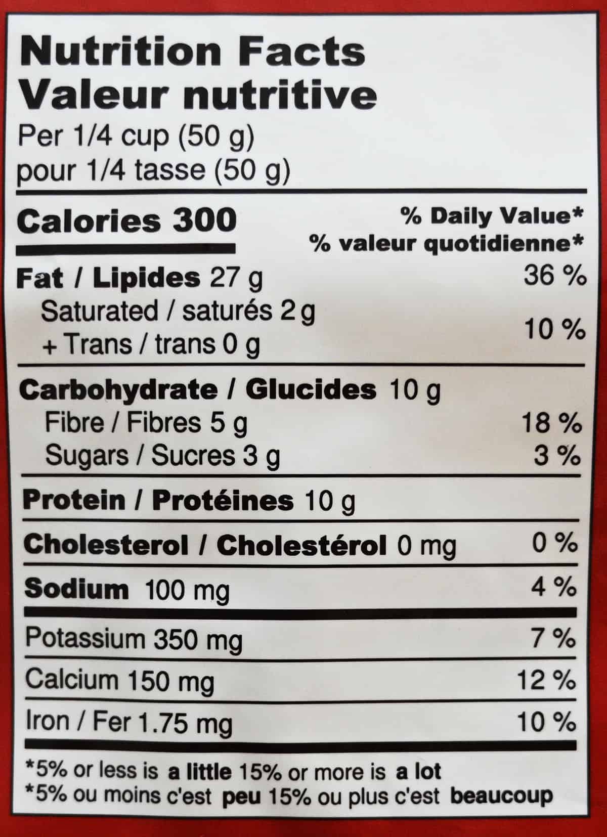 Image of the nutrition facts from the back of the bag.