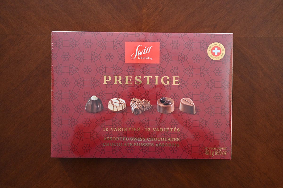 Image of the box of Costco Swiss Delice Prestige Assorted Chocolates. 
