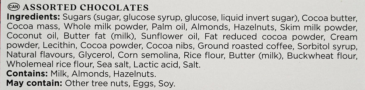 Image of the ingredients list for the chocolates from the back of the box.