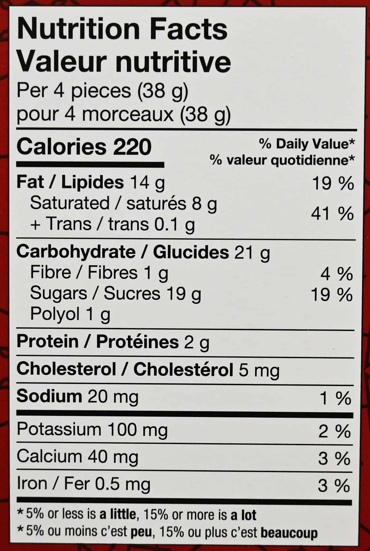 Image of the nutrition facts for the chocolates from the back of the box.