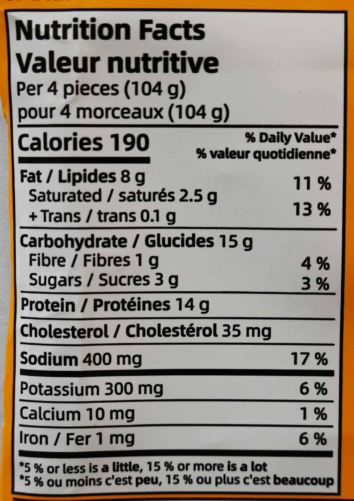 Image of the dumpling nutrition facts from the back of the package.