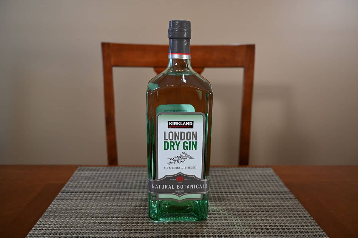 Image of a bottle of Costco Kirkland Signature London Dry Gin sitting on a table.