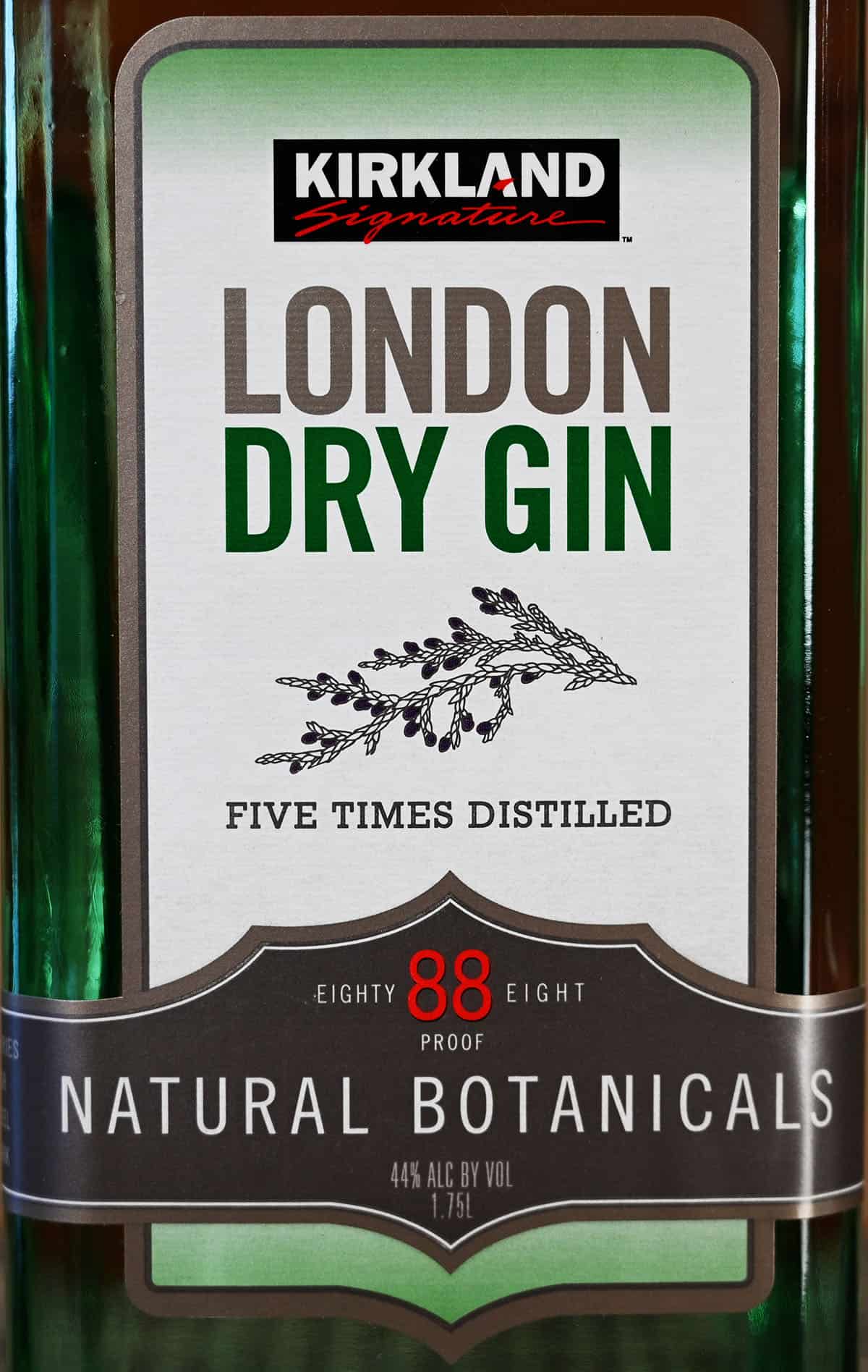 Closeup image of the front label of the Kirkland Signature London Dry Gin.