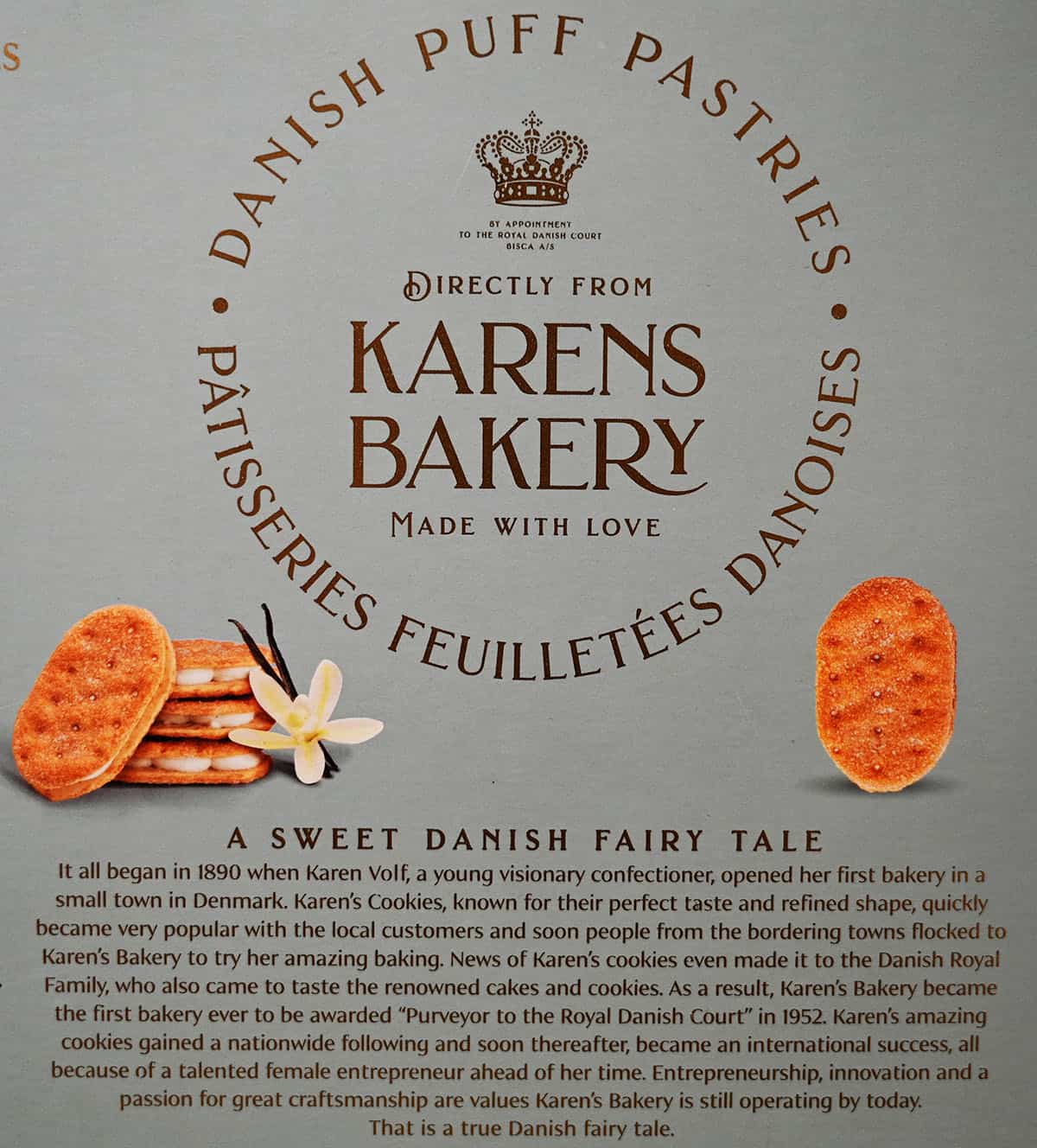 Image of the product description for the Costco Karens Danish Puff Pastries from the back of the box.