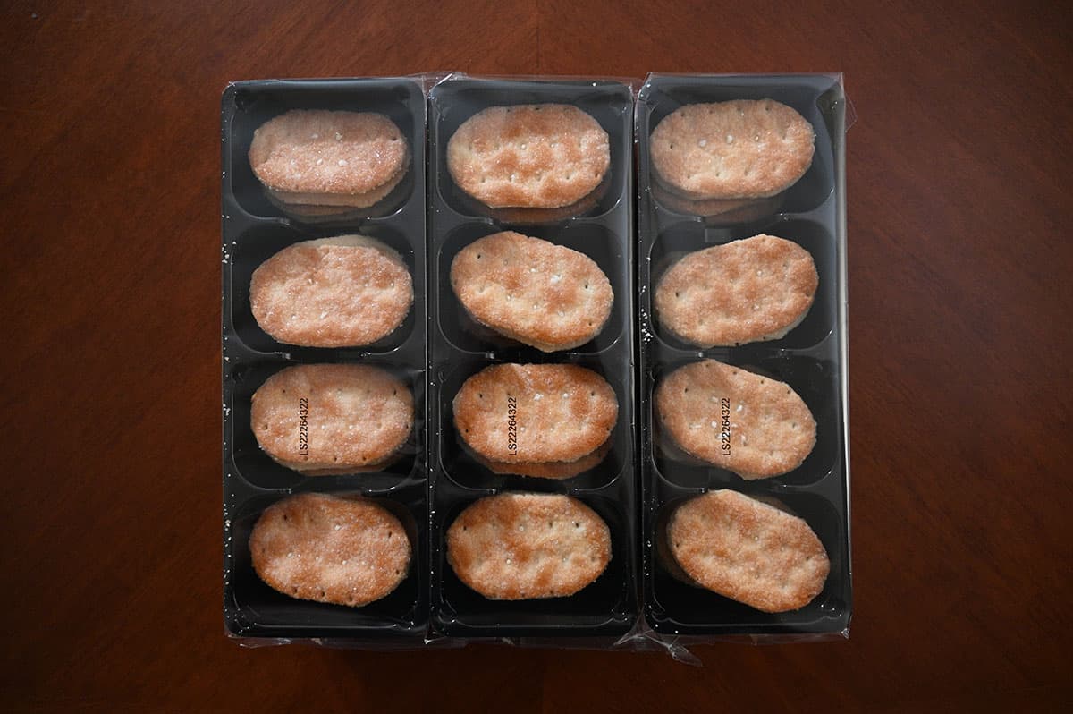 Image of the pastries wrapped in three plastic sleeves showing how they come packaged.