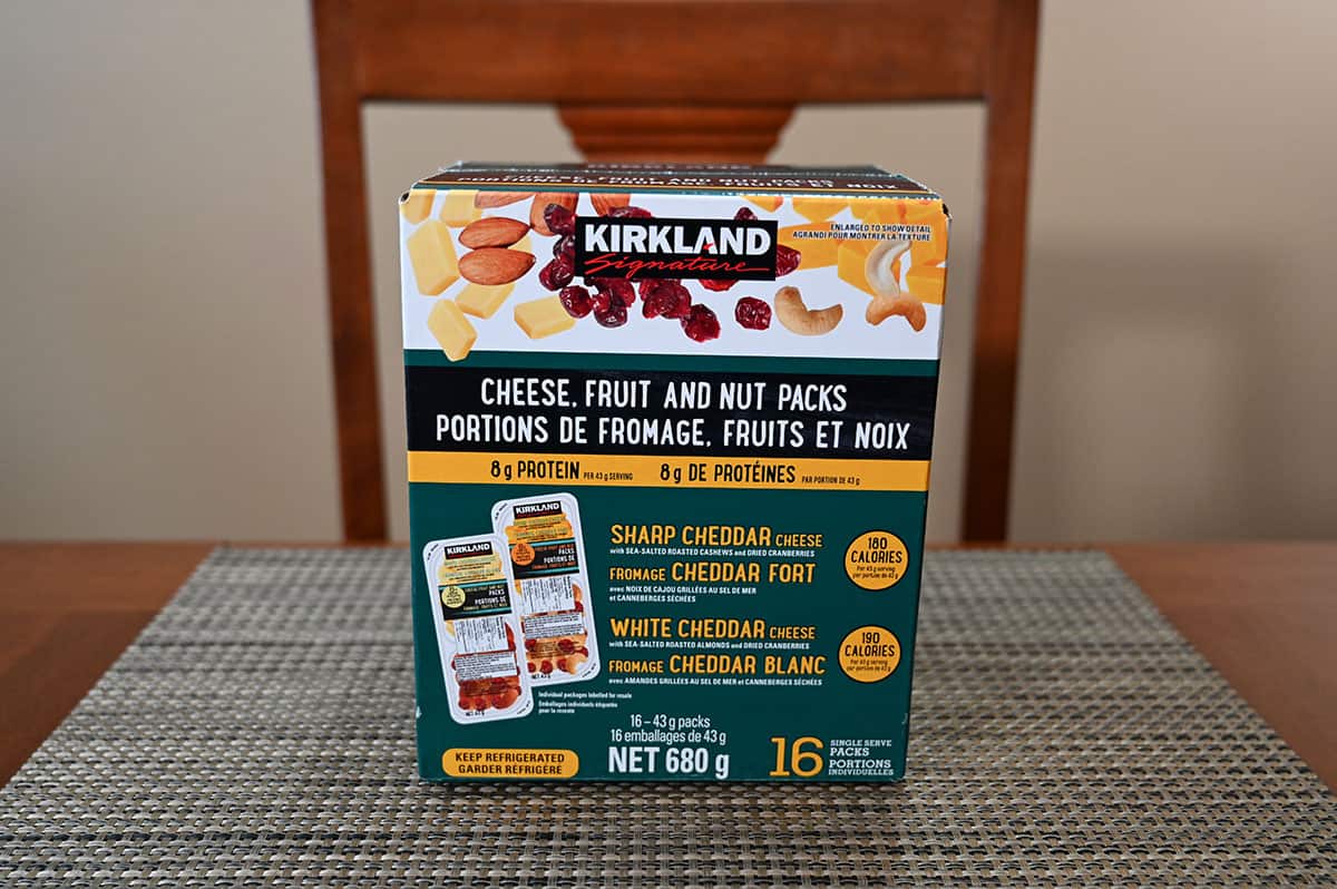 Costco Kirkland Signature Cheese, Fruit and Nut Packs box sitting on the table.