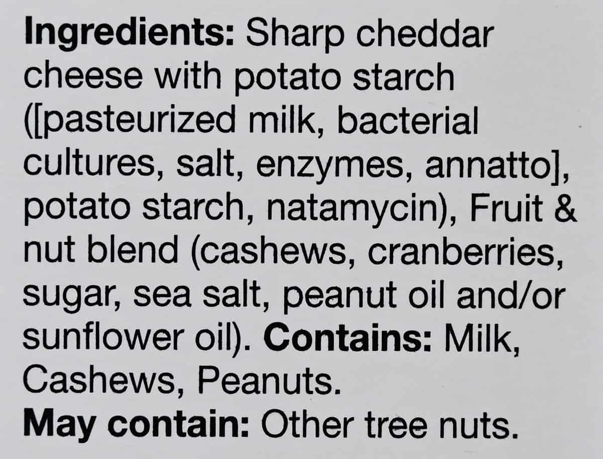 Image of the ingredients label for the sharp cheddar pack from the back of the box.