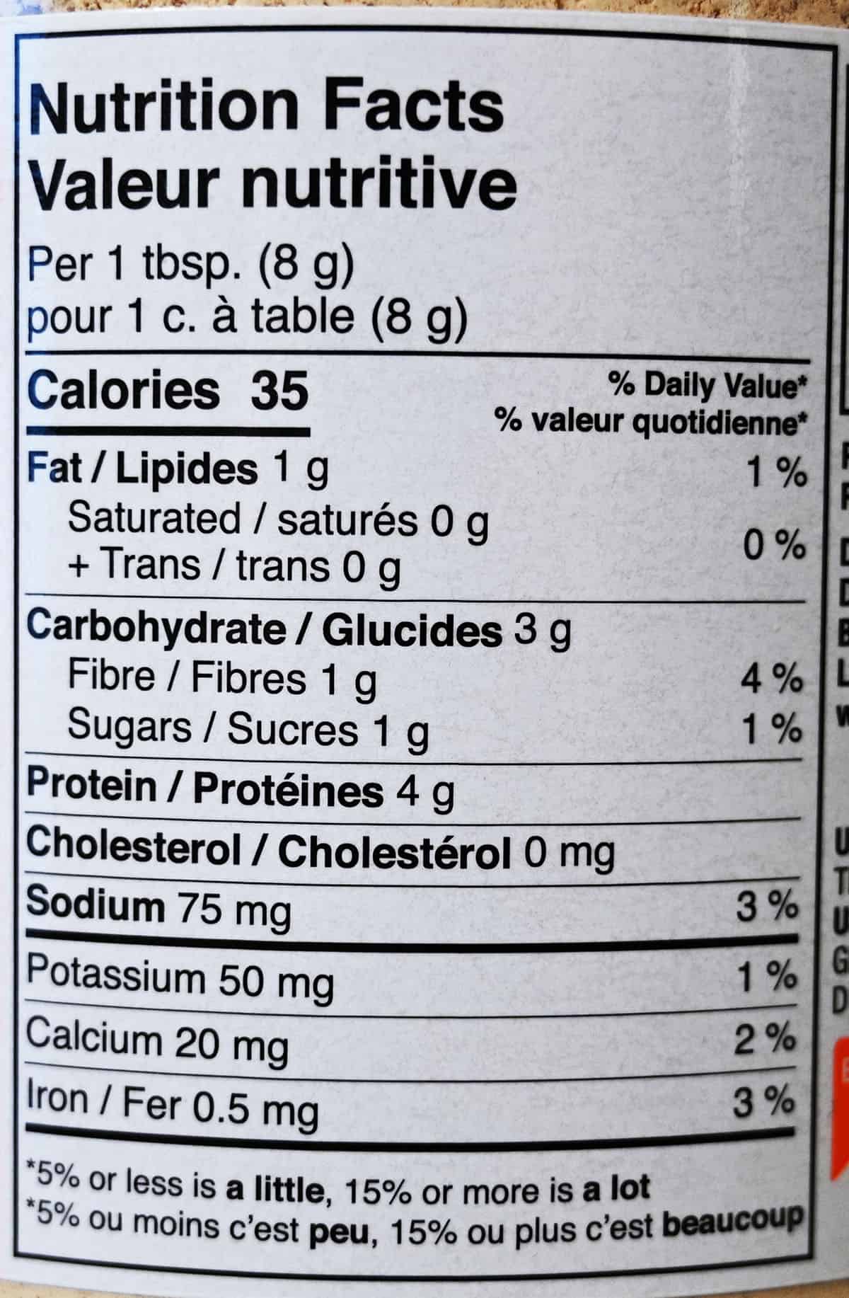 Image of the nutrition facts from the back of the container.