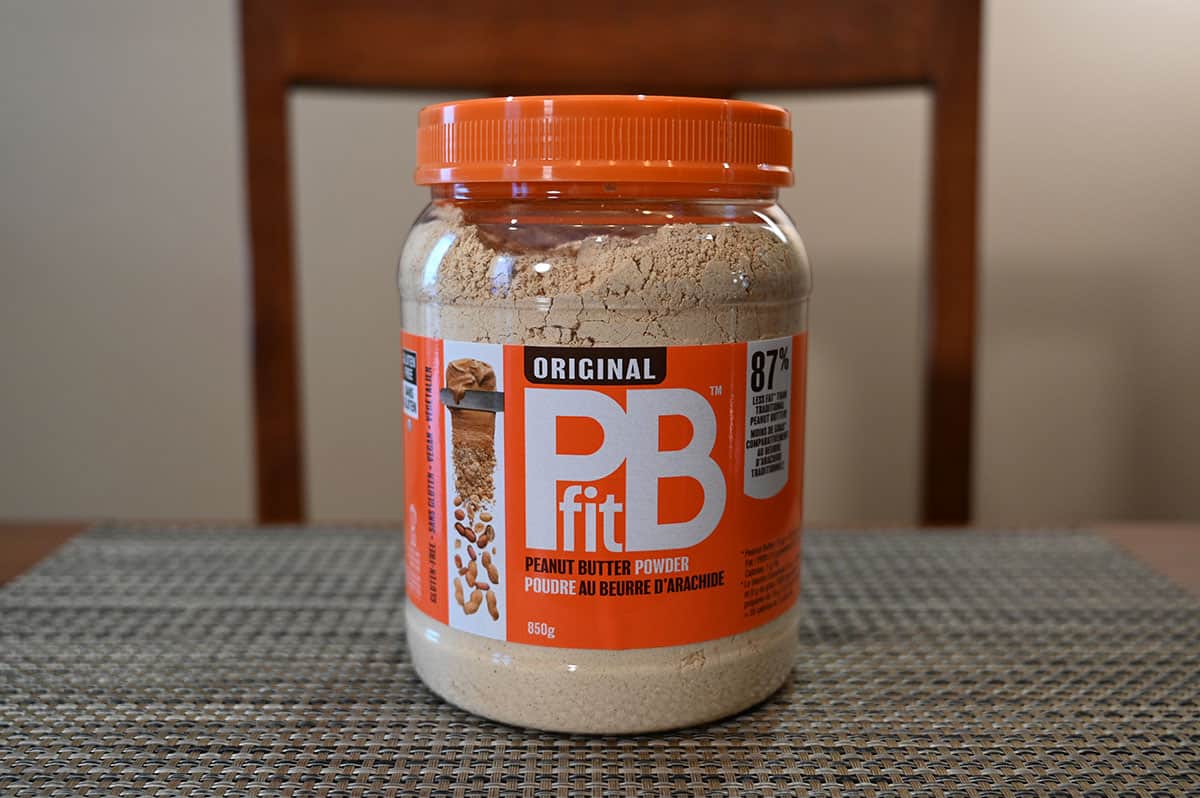 Image of the Costco PB Fit Peanut Butter Powder container unopened and sitting on a table.