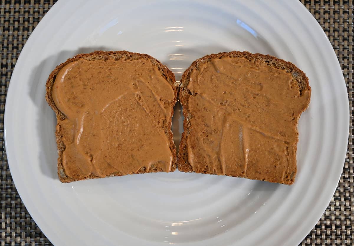 Image of the powdered peanut butter prepared and spread on a piece of toast.