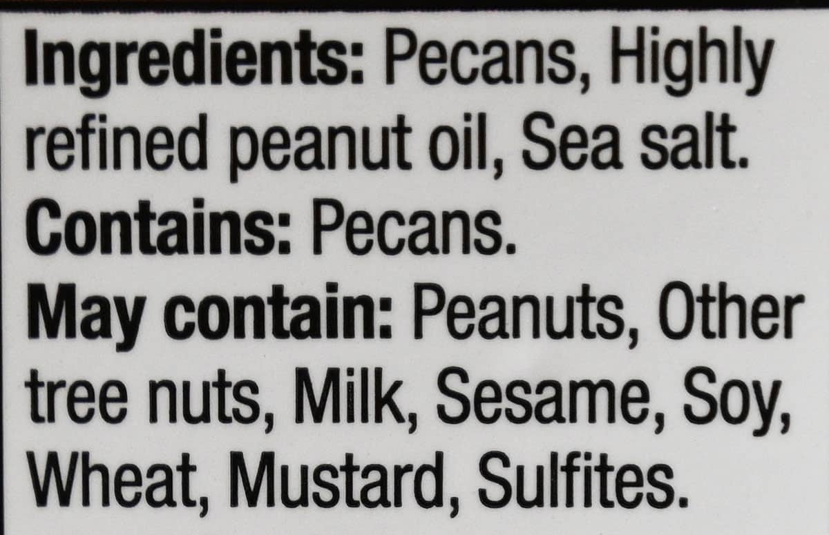 Image of the Kirkland Signature Snacking Pecans ingredients list.