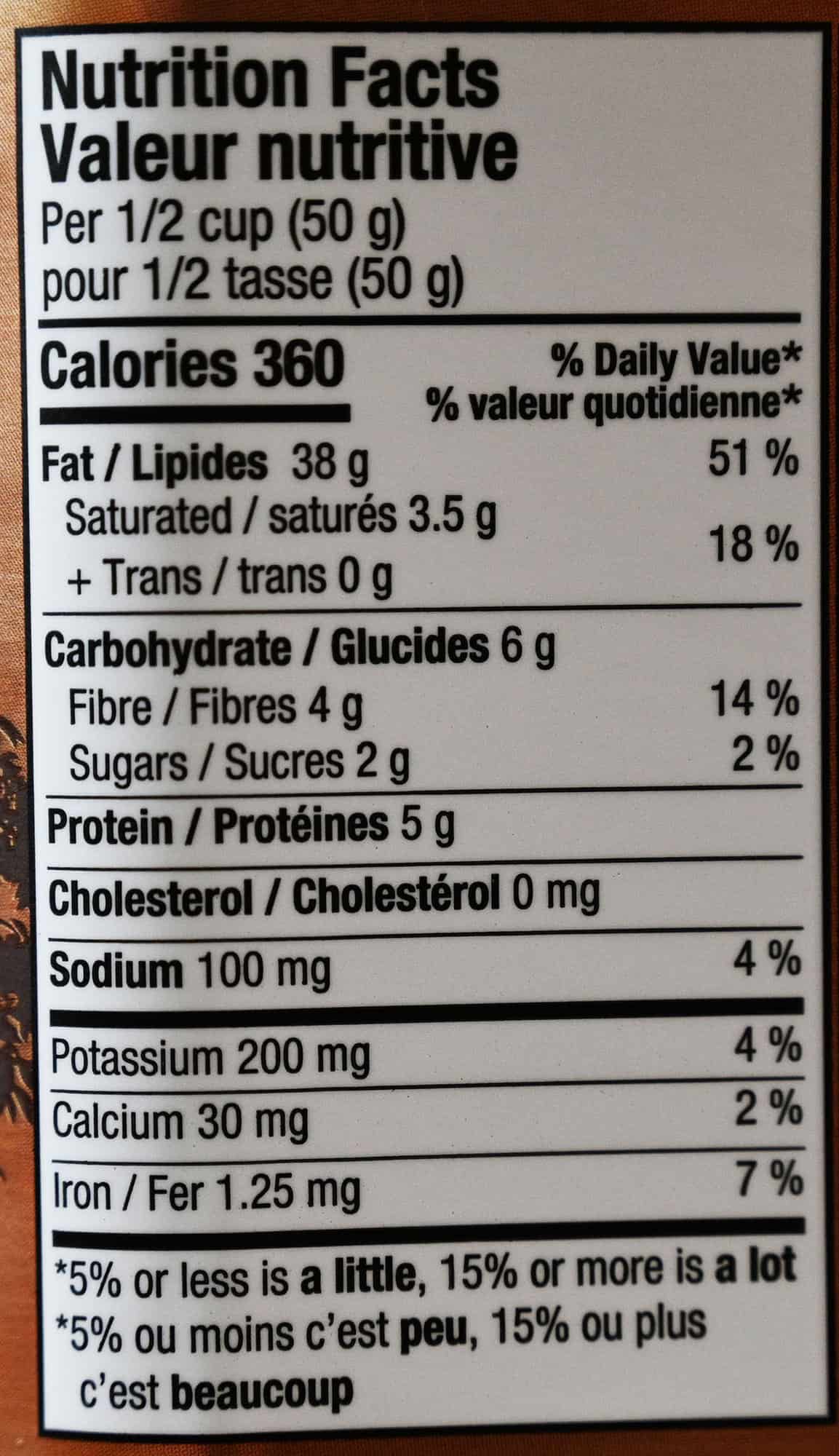 Image of the Costco Snacking Pecans nutrition facts.