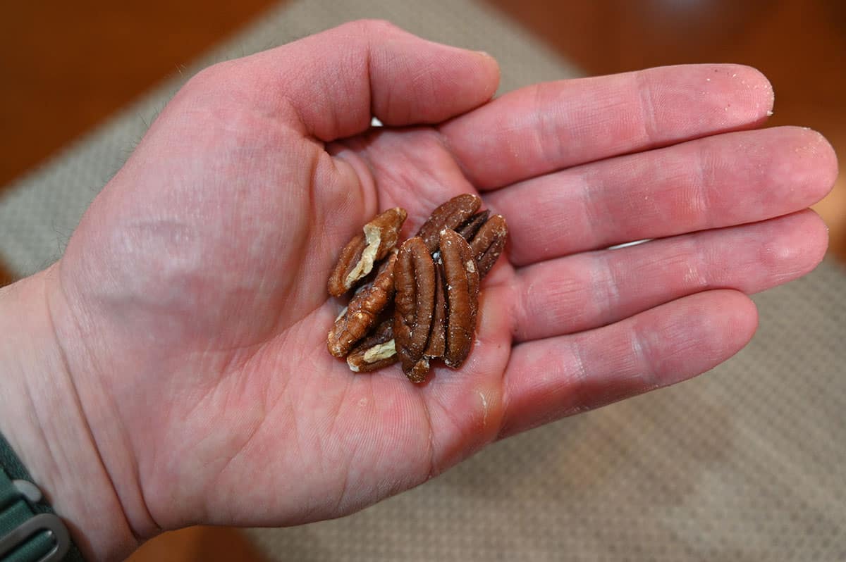 Closeup image of a palm of a hand holding a few snacking pecans.